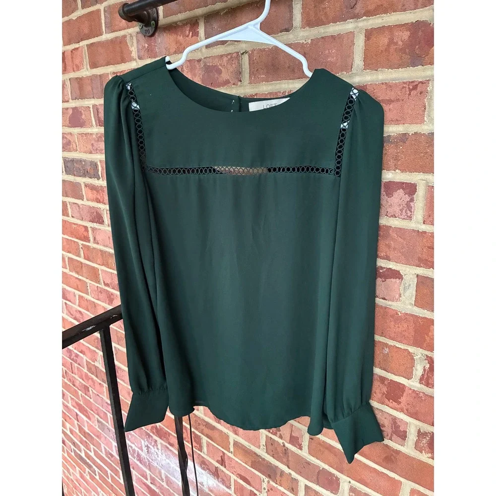 LOFT Womens Forest Green Ladder Lace Trim Keyhole Back Long Sleeve Blouse Top S